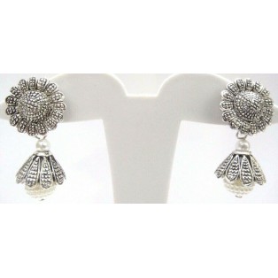 Silver Oxidized Earring Jhumka Jhumki PushBack Dangle Drop Faux Imitation Pearl 6